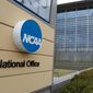 This is a March 12, 2020, file photo showing NCAA headquarters in Indianapolis. (AP Photo/Michael Conroy, File)