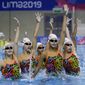 FILE - In this July 25, 2019, file photo, the synchronized swimming team of Cuba performs their routine during a training session at the Pan Am Games in Lima, Peru. Forget boxing or rugby. The most hardcore sport at the Tokyo Games may just be artistic swimming. The sport once known as synchronized swimming has rapidly evolved into one of the most physically grueling specialties at the Olympics. (AP Photo/Fernando Vergara, File)