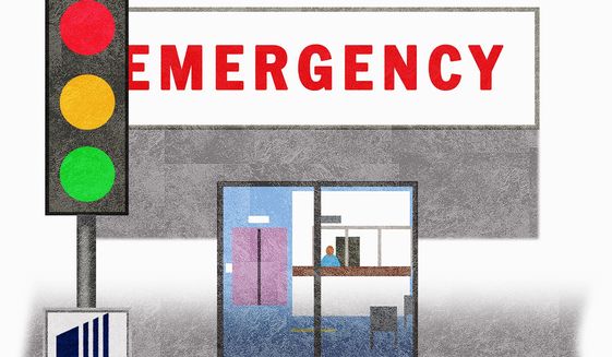 Illustration on United Health Care&#39;s new Emergency room policy by Alexander Hunter/The Washington Times