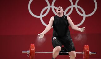 Laurel Hubbard of New Zealand reacts after dropping the barbell in a lift, in the women&#39;s +87kg weightlifting event at the 2020 Summer Olympics, Monday, Aug. 2, 2021, in Tokyo, Japan. (AP Photo/Luca Bruno) **FILE***