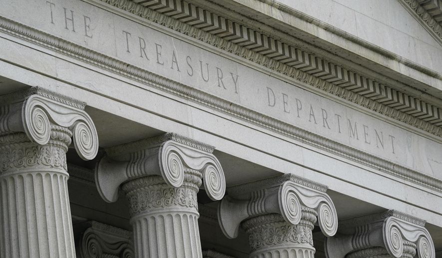 This May 4, 2021, photo shows the Treasury Building in Washington. (AP Photo/Patrick Semansky) **FILE**
