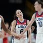 United States&#39; Sue Bird (6), center, celebrates with teammates after making a shot during women&#39;s basketball preliminary round game against Japan at the 2020 Summer Olympics, Friday, July 30, 2021, in Saitama, Japan. (AP Photo/Charlie Neibergall)