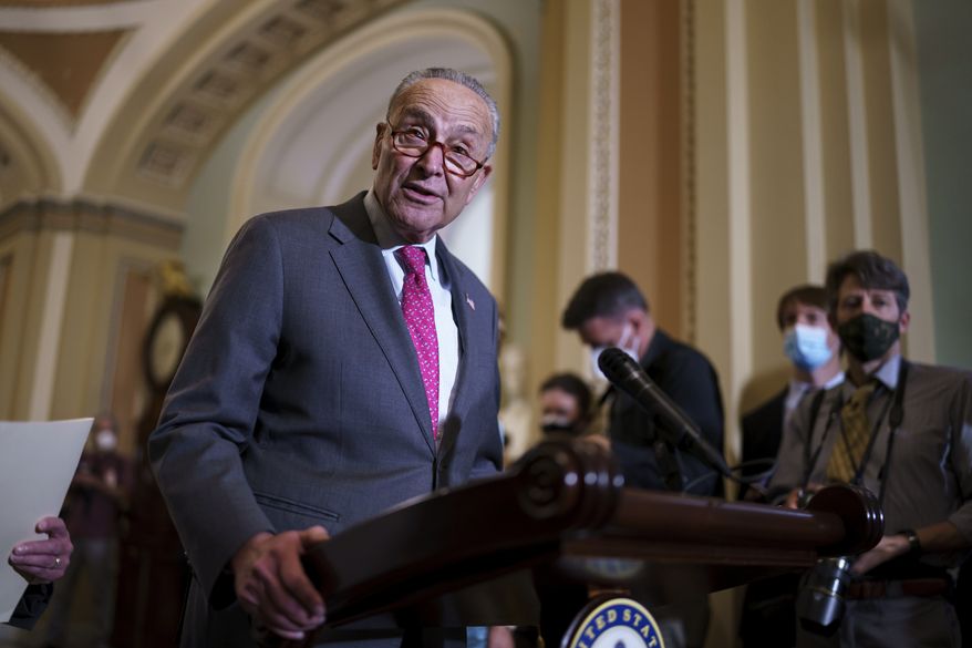 Senate Majority Leader Chuck Schumer, D-N.Y., speaks to reporters at the U.S. Capitol in Washington, Tuesday, Aug. 3, 2021.  (AP Photo/J. Scott Applewhite)  **FILE**