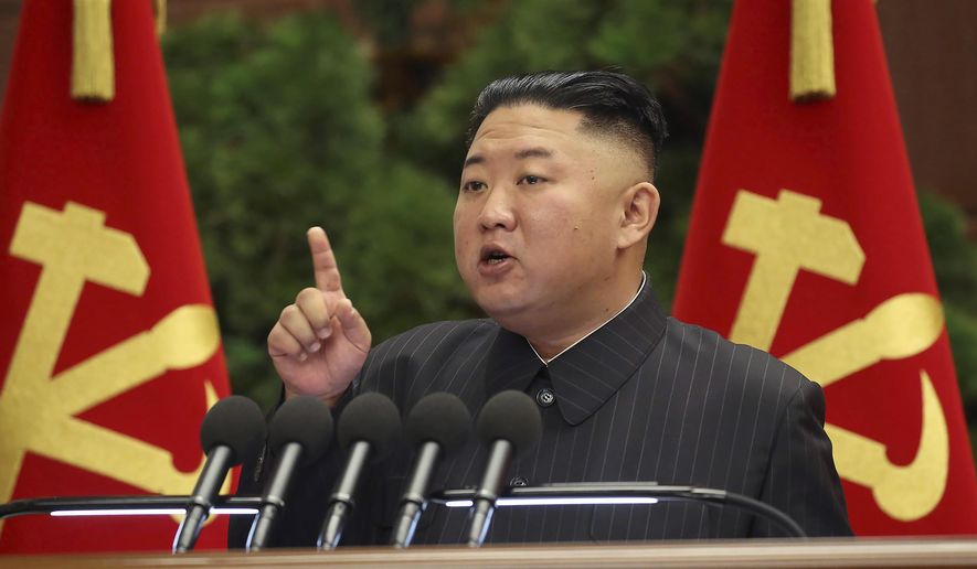 In this June 29, 2021, photo provided by the North Korean government, North Korean leader Kim Jong-un speaks during a Politburo meeting of the ruling Workers&#39; Party in Pyongyang, North Korea. North Korea is releasing emergency military rice reserves as its food shortage worsens, South Korea’s spy agency said Tuesday, Aug. 3, 2021, with a heat wave and drought reducing the country&#39;s supply. (Korean Central News Agency/Korea News Service via AP) **FILE**