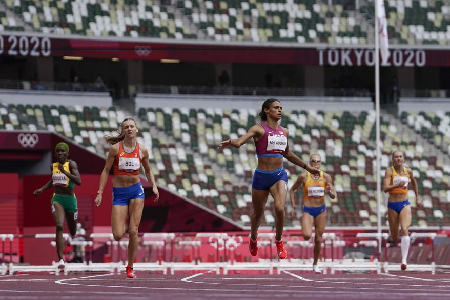 Sydney Mclaughlin, of the United States, wins the women&#39;s 400-meter hurdles final at the 2020 Summer Olympics, Wednesday, Aug. 4, 2021, in Tokyo, Japan. (AP Photo/Petr David Josek)