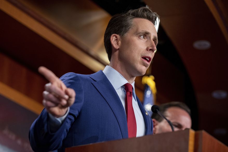 Sen. Josh Hawley, R-Mo., alongside other Senate Republicans, speaks to members of the media on Capitol Hill in Washington, about funding for the Infrastructure Investment and Jobs Act on Wednesday, Aug. 4, 2021. (AP Photo/Amanda Andrade-Rhoades) ** FILE **