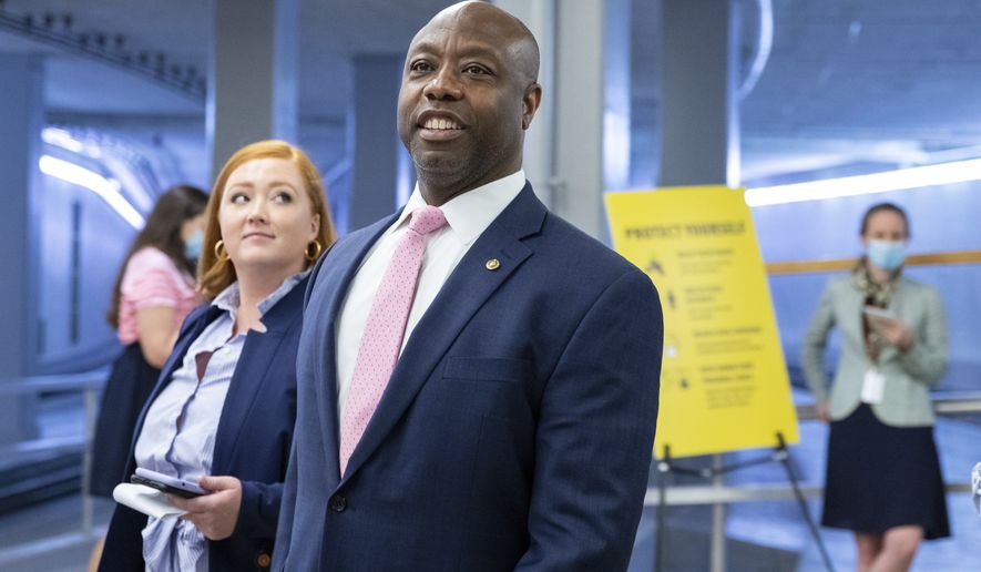 In this file photo, Sen. Tim Scott, R-S.C., speaks to reporters on Capitol Hill in Washington, on Wednesday, Aug. 4, 2021. (AP Photo/Amanda Andrade-Rhoades)  **FILE**