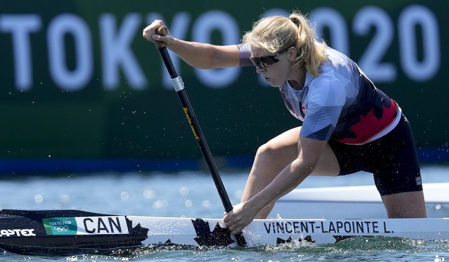 Laurence Vincent-Lapointe of Canada competes in the women&#x27;s canoe single 200m heat at the 2020 Summer Olympics, Wednesday, Aug. 4, 2021, in Tokyo, Japan. (AP Photo/Darron Cummings)