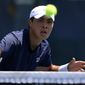 Brandon Nakashima competes against Daniel Evans, of England, during a match in the Citi Open tennis tournament, Wednesday, Aug. 4, 2021, in Washington. (AP Photo/Nick Wass)