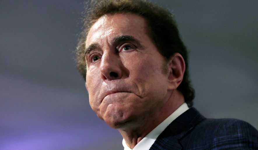 This March 15, 2016, file photo, shows casino mogul Steve Wynn at a news conference in Medford, Mass. The Biden administration on Tuesday sued hotelier Stephen Wynn to force him to register as a foreign agent under the Foreign Agents Registration Act. (AP Photo/Charles Krupa, File)