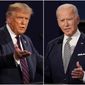 Then-President Donald Trump and then-former Vice President Joe Biden square off during the first presidential debate at Case Western University and Cleveland Clinic, in Cleveland, Ohio. (AP Photo/Patrick Semansky, File)