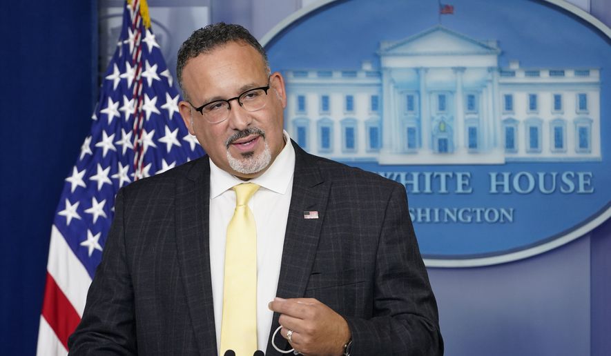Education Secretary Miguel Cardona speaks during the daily briefing at the White House in Washington, Thursday, Aug. 5, 2021. (AP Photo/Susan Walsh)