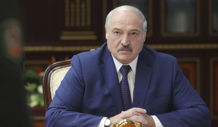 Belarusian President Alexander Lukashenko speaks to high level military officials in Minsk, Belarus, Thursday, Aug. 5, 2021. (Nikolay Petrov/Pool Photo via AP)