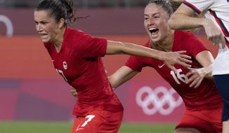 Canada midfielder Jessie Fleming (17) celebrates her game winning penalty kick goal with teammate Janine Beckie (16)  during a women&#39;s semifinal soccer match against United States at the 2020 Summer Olympics, Monday, Aug. 2, 2021, in Kashima, Japan. (Frank Gunn/The Canadian Press via AP)