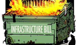 Illustration on the infrastructure bill by Alexander Hunter/The Washington Times