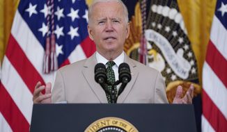 President Joe Biden speaks about the July jobs report during an event in the East Room of the White House, Friday, Aug. 6, 2021, in Washington. (AP Photo/Evan Vucci)