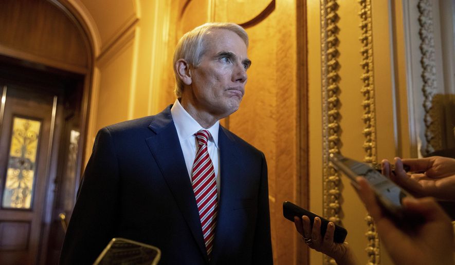 Sen. Rob Portman, R-Ohio, speaks to reporters after a luncheon with Senate Republicans at the Capitol in Washington, on Thursday, Aug. 5, 2021. (AP Photo/Amanda Andrade-Rhoades) ** FILE **