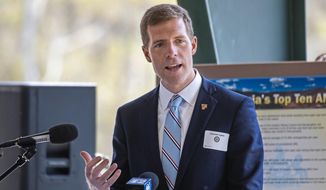 In this file photo from April 27, 2021, U.S. Rep. Conor Lamb, D-Pa., speaks at a dedication for a facility intended to improve water quality in McDonald, Pa. Lamb said Friday, Aug. 6, 2021, he is running for Pennsylvania&#39;s open Senate seat, joining a crowded Democratic field in one of the nation&#39;s most competitive races. (Andrew Rush/Pittsburgh Post-Gazette via AP, File)