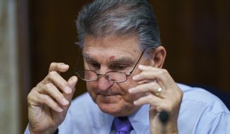 In this Aug. 5, 2021, file photo, Sen. Joe Manchin, D-W.Va., prepares to chair a hearing in the Senate Energy and Natural Resources Committee at the Capitol in Washington. (AP Photo/J. Scott Applewhite) ** FILE **