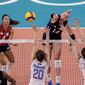 United States&#39; Michelle Bartsch-Hackley spikes the ball during the women&#39;s volleyball semifinal match between Serbia and United States at the 2020 Summer Olympics, Friday, Aug. 6, 2021, in Tokyo, Japan. (AP Photo/Manu Fernandez)
