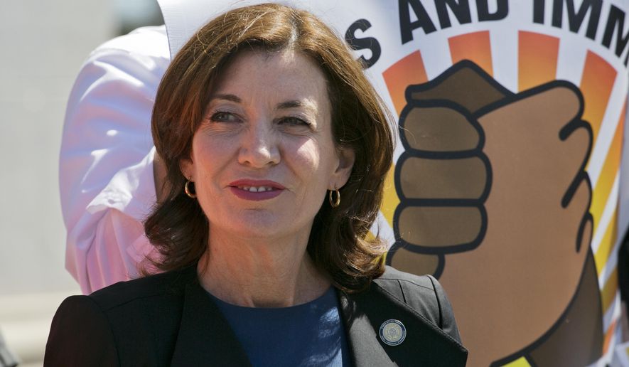 In this file photo, New York&#39;s Lt. Gov. Kathy Hochul attends a May Day pro-labor and immigration rights rally, May 1, 2018, in New York. Ms. Hochul will assume the office of governor upon Gov. Andrew Cuomo&#39;s resignation, effective Aug. 24, 2021. (AP Photo/Mark Lennihan, File)