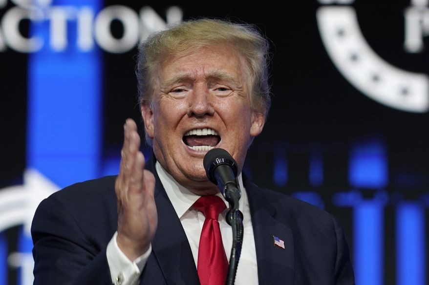 In this July 24, 2021, photo, former President Donald Trump speaks on a variety of topics to supporters at a Turning Point Action gathering in Phoenix. (AP Photo/Ross D. Franklin)