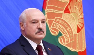 Belarusian President Alexander Lukashenko attends an annual press conference in Minsk, Belarus, Monday, Aug. 9, 2021. Belarus&#39; authoritarian leader on Monday charged that the opposition was plotting a coup in the runup to last year&#39;s presidential election that triggered a monthslong wave of mass protests. President Alexander Lukashenko held his annual press conference on Monday, the one-year anniversary of the vote that handed him a sixth term in office but was denounced by the opposition and the West as rigged. (Pavel Orlovsky/BelTA photo via AP)