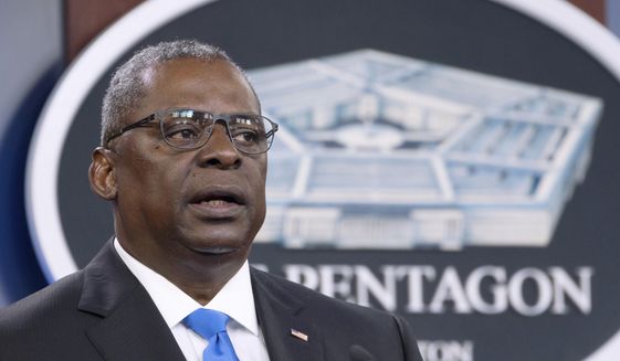 In this July 21, 2021, file photo, Defense Secretary Lloyd Austin speaks at a press briefing at the Pentagon in Washington. (AP Photo/Kevin Wolf) ** FILE **