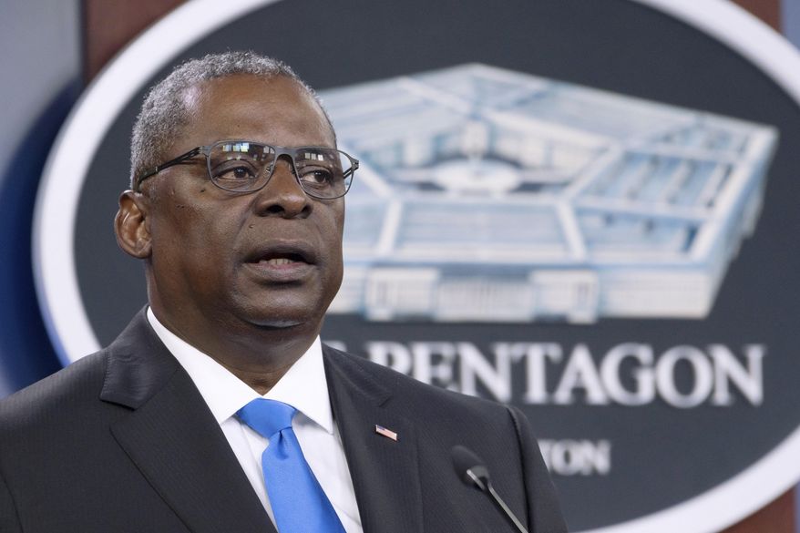 In this July 21, 2021, file photo, Defense Secretary Lloyd Austin speaks at a press briefing at the Pentagon in Washington. (AP Photo/Kevin Wolf) ** FILE **