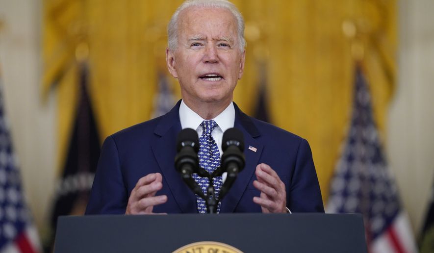 President Joe Biden speaks about the bipartisan infrastructure bill from the East Room of the White House, Tuesday, Aug. 10, 2021, in Washington. (AP Photo/Evan Vucci)