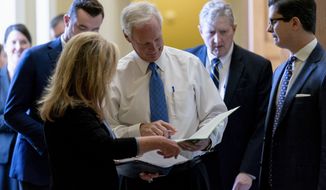 From left, Sen. Marsha Blackburn, R-Tenn., Sen. Ron Johnson, R-Wis., and Sen. John Kennedy, R-La., leave a republican policy luncheon as the Senate moves from passage of the infrastructure bill to focus on a massive $3.5 trillion budget resolution, a blueprint of President Joe Biden&#39;s top domestic policy ambitions, at the Capitol in Washington, Tuesday, Aug. 10, 2021. (AP Photo/Andrew Harnik)