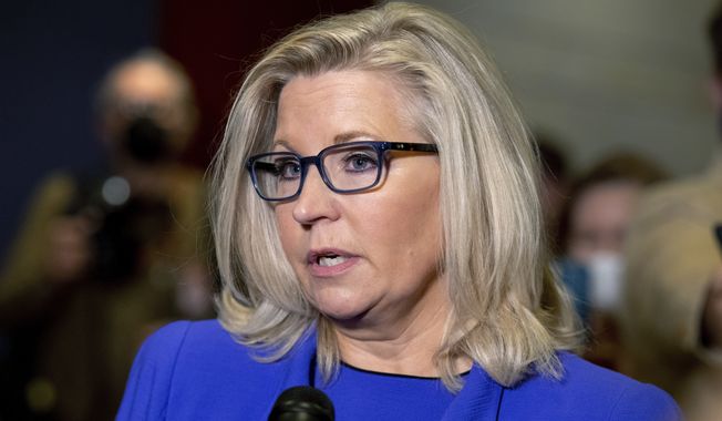 In this May 12, 2021, file photo, Rep. Liz Cheney, R-Wyo., speaks to reporters at the Capitol in Washington. (AP Photo/Amanda Andrade-Rhoades, File)