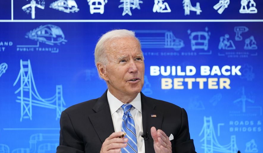 President Joe Biden speaks during a virtual meeting from the South Court Auditorium at the White House complex in Washington, Wednesday, Aug. 11, 2021, to discuss the importance of the bipartisan Infrastructure Investment and Jobs Act. (AP Photo/Susan Walsh)
