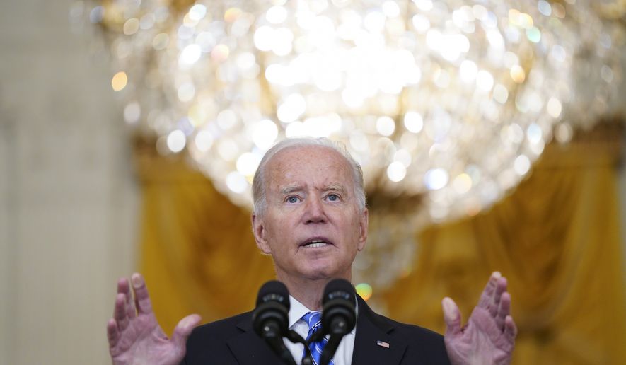 President Joe Biden speaks about his &quot;Build Back Better&quot; agenda from the East Room of the White House, Wednesday, Aug. 11, 2021, in Washington. (AP Photo/Evan Vucci)