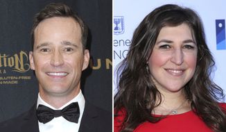 This combination photo shows Mike Richards, left, in the pressroom at the 43rd annual Daytime Emmy Awards on May 1, 2016, in Los Angeles and Mayim Bialik at a Celebration of the 70th Anniversary of Israel on June 10, 2018, in Los Angeles. Eight months after the death of beloved Jeopardy! host Alex Trebek, the daily syndicated quiz show chose its executive producer as Trebeks successor over a field of celebrity candidates. Sony also chose Mayim Bialik as emcee for Jeopardy! primetime and spinoff series, including a new college championship.  (Photo by Richard Shotwell/Invision/AP)