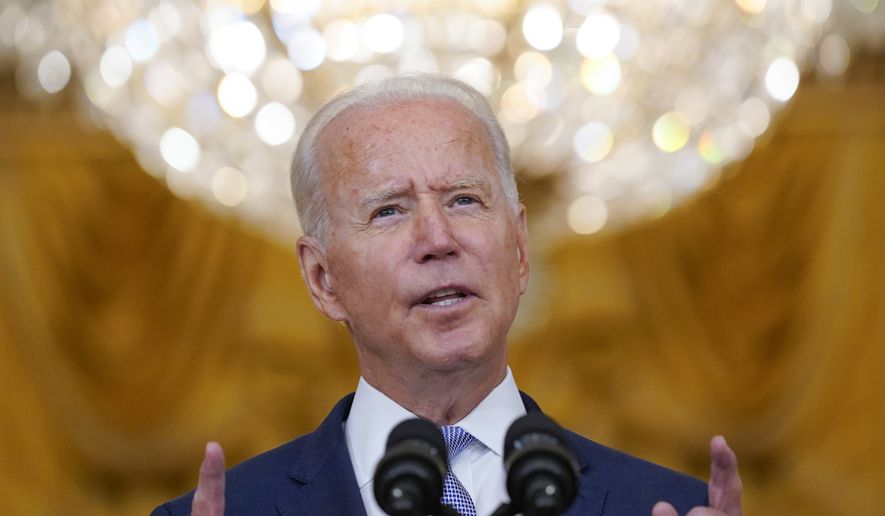 President Joe Biden speaks about prescription drug prices and his &quot;Build Back Better&quot; agenda from the East Room of the White House, Thursday, Aug. 12, 2021, in Washington. (AP Photo/Evan Vucci)