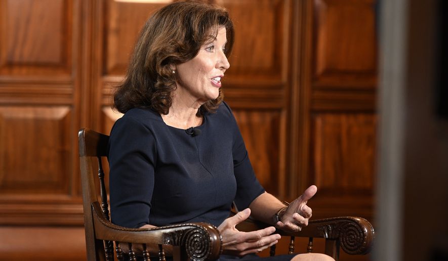 New York Lt. Gov. Kathy Hochul takes part in a remote interview on NBC&#x27;s &quot;Today&quot; show with Savannah Guthrie from her office at the state Capitol Thursday, Aug. 12, 2021, in Albany, N.Y. (AP Photo/Hans Pennink)