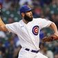 Chicago Cubs starting pitcher Jake Arrieta throws to a Milwaukee Brewers batter during the first inning of a baseball game in Chicago, Wednesday, Aug. 11, 2021. (AP Photo/Nam Y. Huh) **FILE**