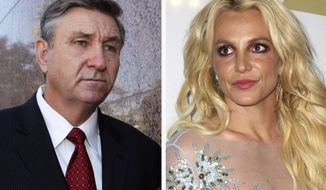 This combination photo shows Jamie Spears, left, father of Britney Spears, as he leaves the Stanley Mosk Courthouse on Oct. 24, 2012, in Los Angeles and Britney Spears at the Clive Davis and The Recording Academy Pre-Grammy Gala on Feb. 11, 2017, in Beverly Hills, Calif.. Britney Spears&#x27; father agreed Thursday, Aug. 12, 2021, to step down from the conservatorship that has controlled her life and money for 13 years, according to reports. Several outlets including celebrity website TMZ and CNN reported that James Spears filed legal documents saying that while there are no grounds for his removal, he will step down. (AP Photo)