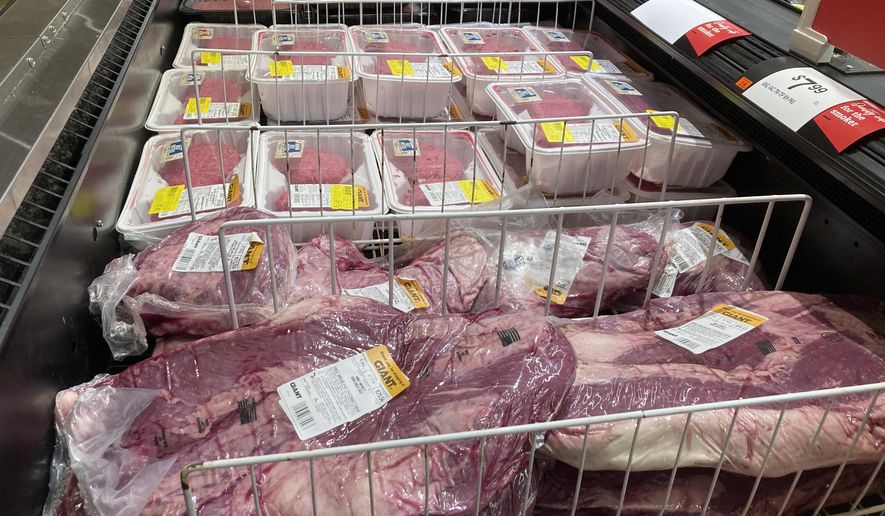 Meat products are displayed for sale at a grocery store in Roslyn, Pa., Tuesday, June 15, 2021. Wholesale inflation was up 8.9% overall in August 2021, while wholesale food prices rose 2.9% in August and 12.7% in the past year. The price of beef has risen 59.2%.  (AP Photo/Matt Rourke)  **FILE**