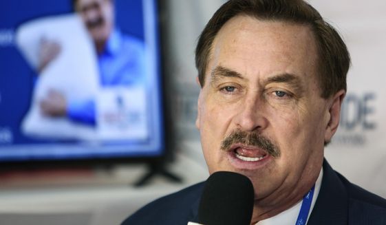 Founder and CEO of MyPillow Mike Lindell gives an interview with Right Side Broadcasting Network at the Conservative Political Action Conference in Orlando, Fla., on Feb. 28, 2021. (Sam Thomas/Orlando Sentinel via AP, File)