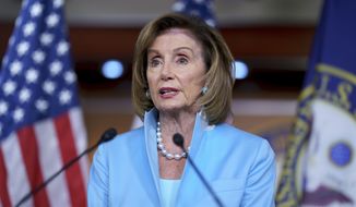 In this Aug. 6, 2021, file photo, Speaker of the House Nancy Pelosi, D-Calif., meets with reporters at the Capitol in Washington. (AP Photo/J. Scott Applewhite, File)