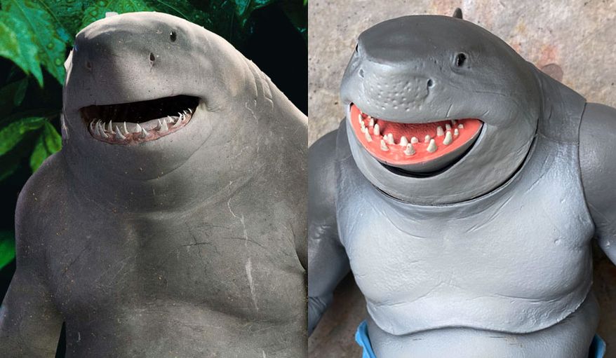 Comparing King Shark from "The Suicide Squad" movie to his action figure counterpart from McFarlane Toys' DC Multiverse collection. (Figure photograph by Joseph Szadkowski / The Washington Times)