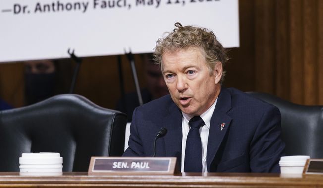 Sen. Rand Paul, R-Ky., is shown asking questions during a committee hearing on Capitol Hill in Washington, D.C., in this Tuesday, July 20, 2021 file photo. (AP Photo/J. Scott Applewhite, Pool, File)  **FILE**