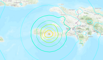 Screen capture from the U.S. Geological Survey website showing the location of a 7.0 magnitude earthquake in Haiti on Saturday, Aug. 14, 2021. [https://earthquake.usgs.gov/earthquakes/eventpage/at00qxtxcn/map]