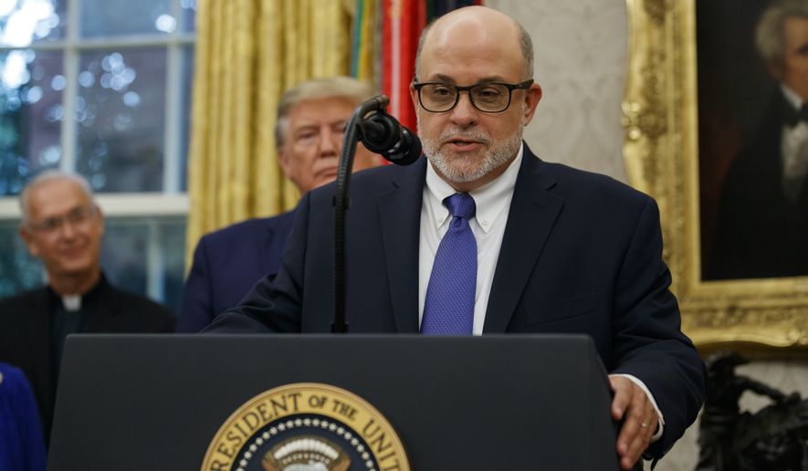 Mark Levin speaks, with President Donald Trump behind him, during a ceremony to present the Presidential Medal of Freedom to former Attorney General Edwin Meese, in the Oval Office of the White House, Tuesday, Oct. 8, 2019, in Washington. (AP Photo/Alex Brandon) **FILE**