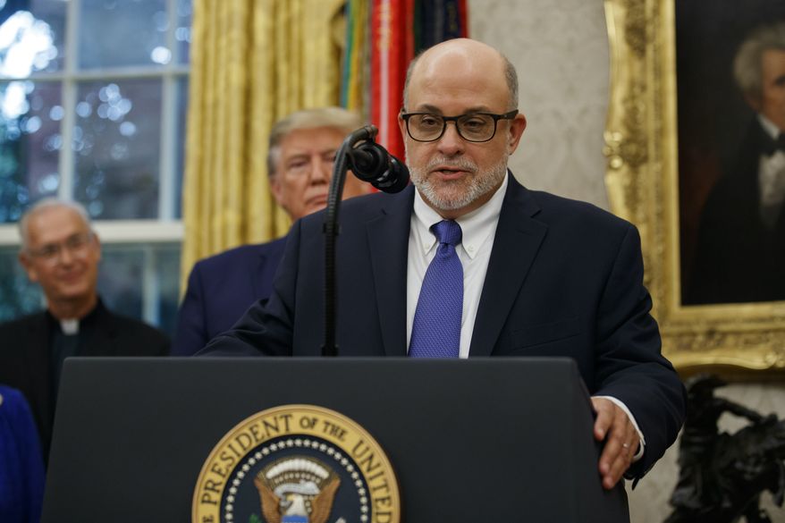 Fox News host and syndicated radio talent Mark Levin speaks at the White House during a ceremony to present the Presidential Medal of Freedom to former Attorney General Edwin Meese on Oct. 8, 2019, in the White House. (AP Photo/Alex Brandon)