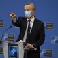 In this Thursday, Feb. 18, 2021, file photo, NATO Secretary-General Jens Stoltenberg wears a protective face mask as he prepares to speak during a media conference at NATO headquarters in Brussels. Stoltenberg on Tuesday, Aug. 17, 2021, blamed a failure of Afghan leadership for the swift collapse of the country&#39;s Western-backed armed forces, but he conceded that the alliance must also address flaws in its military training program. (AP Photo/Virginia Mayo, Pool, File)