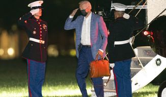 President Joe Biden arrives at Fort Lesley J. McNair in Washington from Camp David retreat, Tuesday, Aug. 17, 2021. (AP Photo/Manuel Balce Ceneta)