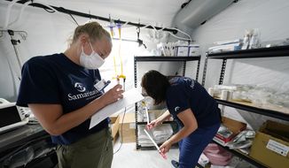 Nurse practitioners Taryn McCoy, left, and Gina LaFountain take inventory of supplies in the intensive care ward, one of four wards that are part of the 32-bed Samaritan&#39;s Purse Emergency Field Hospital set up in one of the University of Mississippi Medical Center&#39;s parking garages, Tuesday, Aug. 17, 2021, in Jackson, Miss. The field hospital joins a 20-bed field hospital and monoclonal antibody clinic opened by the U.S. Department of Health and Human Services at UMMC in response to the rising number of COVID-19 cases in the state. (AP Photo/Rogelio V. Solis) ** FILE **